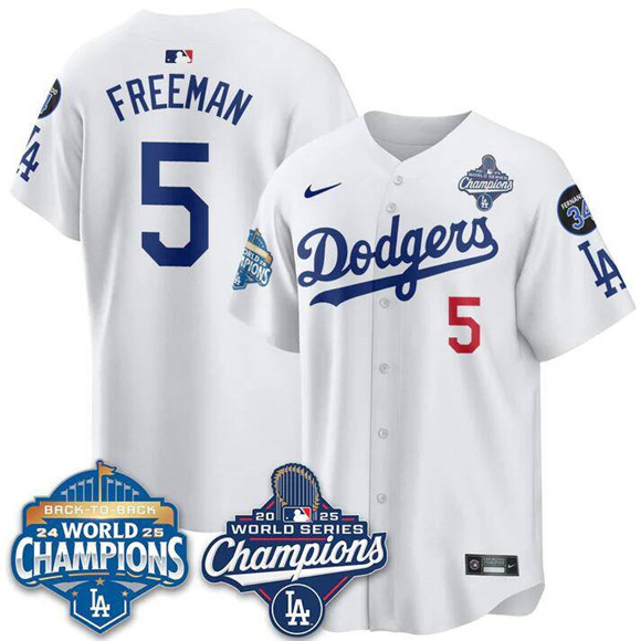 Men's Los Angeles Dodgers #5 Freddie Freeman White 2025 World Series Champions & Back to Back Champions With No.34 Patch Limited Stitched Baseball Jersey Men's Los Angeles Dodgers #5 Freddie Freeman White 2025 World Series Champions & Back to Back Champions With No.34 Patch Limited Stitched Baseball Jersey