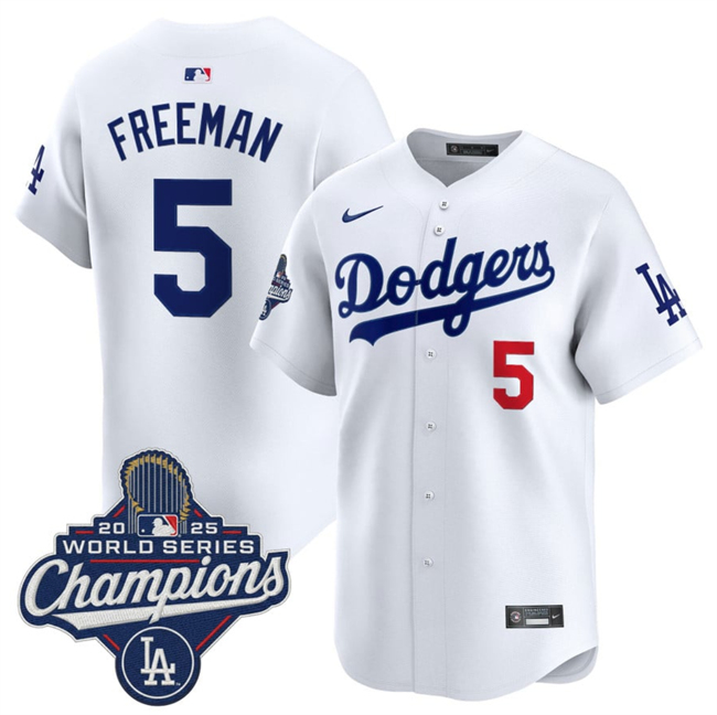 Men's Los Angeles Dodgers #5 Freddie Freeman White 2025 World Series Champions Patch Home Limited Stitched Baseball Jersey Men's Los Angeles Dodgers #5 Freddie Freeman White 2025 World Series Champions Patch Home Limited Stitched Baseball Jersey