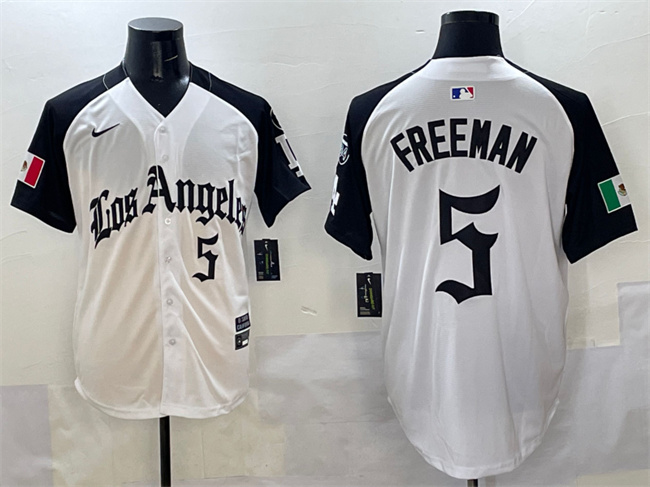 Men's Los Angeles Dodgers #5 Freddie Freeman White Black Mexico 2025 LA Gothic Style With Fernando Patch Vapor Premier Limited Stitched Baseball Jersey