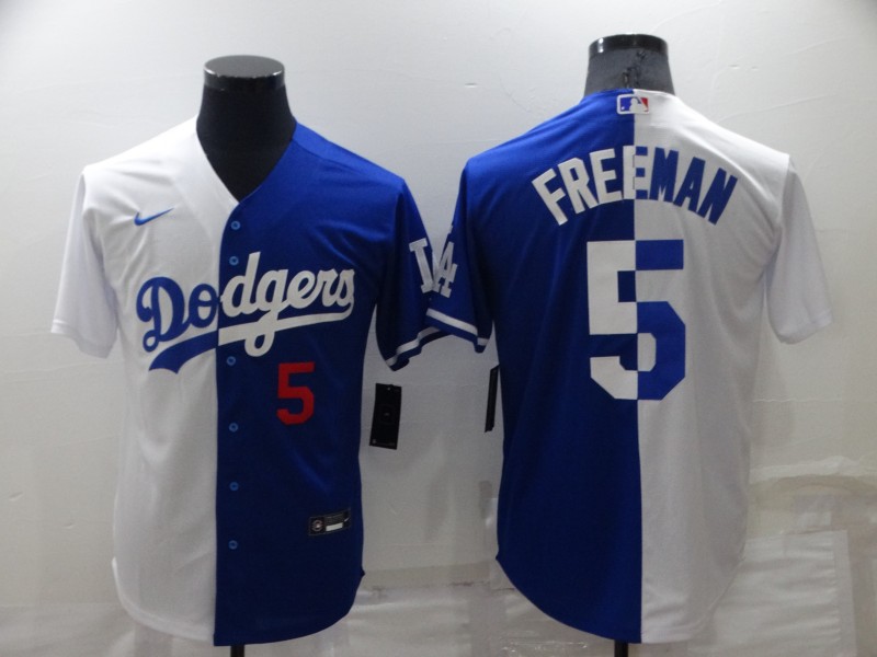 Men's Los Angeles Dodgers #5 Freddie Freeman White Blue Split Cool Base Stitched Baseball Jerseys