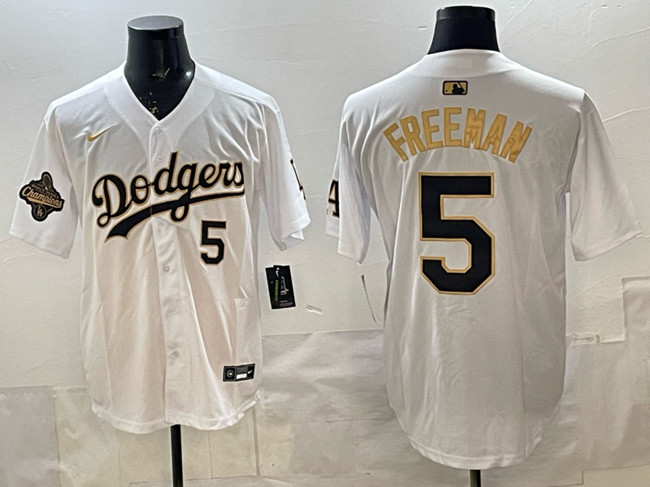Men's Los Angeles Dodgers #5 Freddie Freeman White Gold 2025 World Series Champions Patch Limited Stitched Baseball Jersey Men's Los Angeles Dodgers #5 Freddie Freeman White Gold 2025 World Series Champions Patch Limited Stitched Baseball Jersey