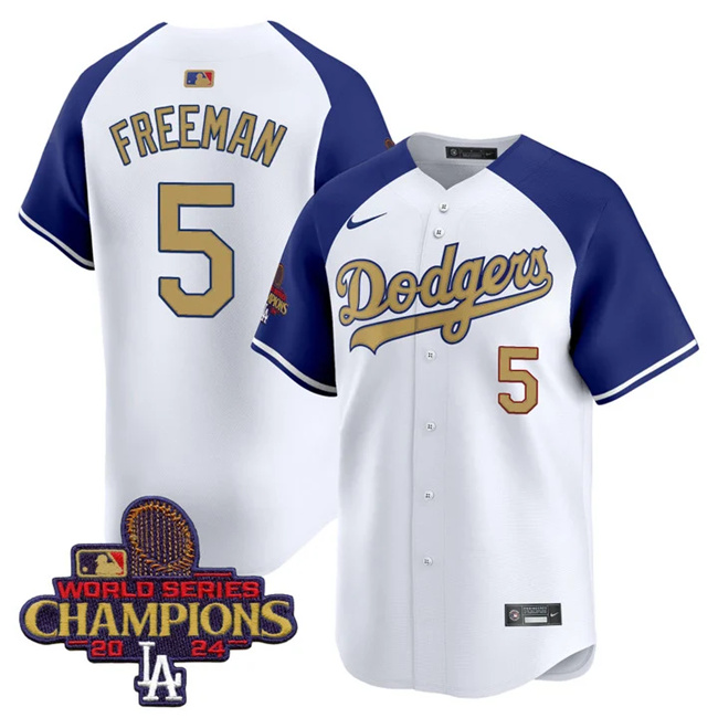 Men's Los Angeles Dodgers #5 Freddie Freeman White Royal Gold 2024 World Series Champions Vapor Limited Stitched Baseball Jersey