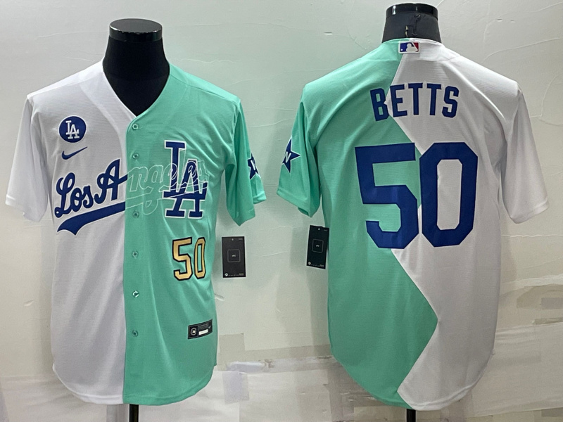 Men's Los Angeles Dodgers #50 Mookie Betts 2022 All-Star White- Green Cool Base Stitched Baseball Jersey