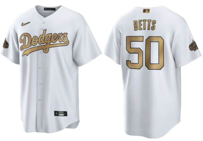 Men's Los Angeles Dodgers #50 Mookie Betts 2022 All-Star White Cool Base Stitched Baseball Jersey