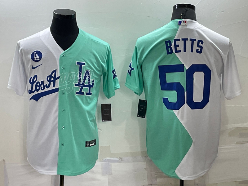 Men's Los Angeles Dodgers #50 Mookie Betts 2022 All-Star White Green Cool Base Stitched Baseball Jersey