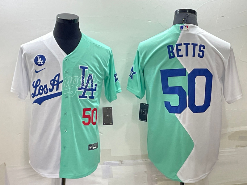 Men's Los Angeles Dodgers #50 Mookie Betts 2022 All-Star White-Green Cool Base Stitched Baseball Jersey