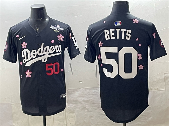 Men's Los Angeles Dodgers #50 Mookie Betts Black 2025 World Series Patch Tokyo Series Limited Stitched Baseball Jersey Men's Los Angeles Dodgers #50 Mookie Betts Black 2025 World Series Patch Tokyo Series Limited Stitched Baseball Jersey