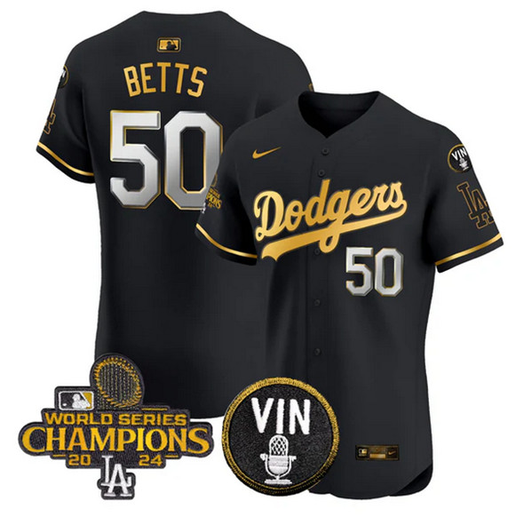Men's Los Angeles Dodgers #50 Mookie Betts Black Gold 2024 World Series Champions With Vin Patch Vapor Limited Stitched Baseball Jersey Men's Los Angeles Dodgers #50 Mookie Betts Black Gold 2024 World Series Champions With Vin Patch Vapor Limited Stitched Baseball Jersey