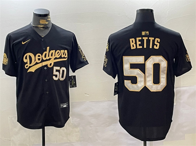 Men's Los Angeles Dodgers #50 Mookie Betts Black Gold 2024 World Series With Fernando Memorial Patch Limited Stitched Baseball Jersey Men's Los Angeles Dodgers #50 Mookie Betts Black Gold 2024 World Series With Fernando Memorial Patch Limited Stitched Baseball Jersey