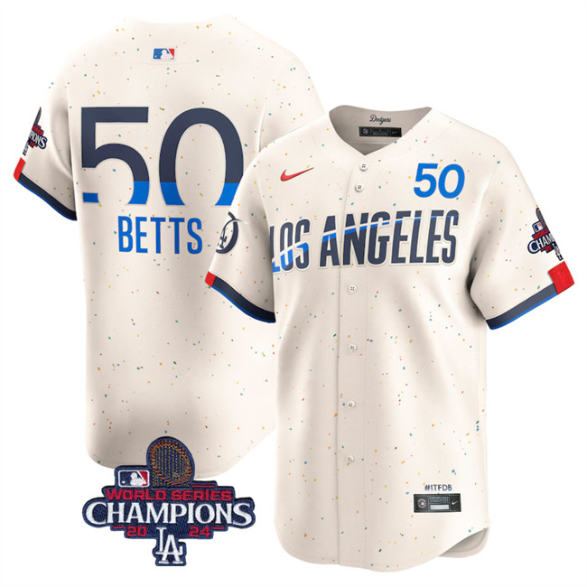 Men's Los Angeles Dodgers #50 Mookie Betts Cream 2024 World Series Champions City Connect Limited Stitched Baseball Jersey Men's Los Angeles Dodgers #50 Mookie Betts Cream 2024 World Series Champions City Connect Limited Stitched Baseball Jersey