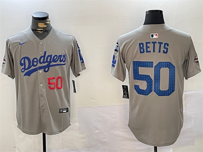 Men's Los Angeles Dodgers #50 Mookie Betts Grey 2024 World Series Champions With Fernando Memorial Patch Limited Stitched Baseball Jersey Men's Los Angeles Dodgers #50 Mookie Betts Grey 2024 World Series Champions With Fernando Memorial Patch Limited Stitched Baseball Jersey