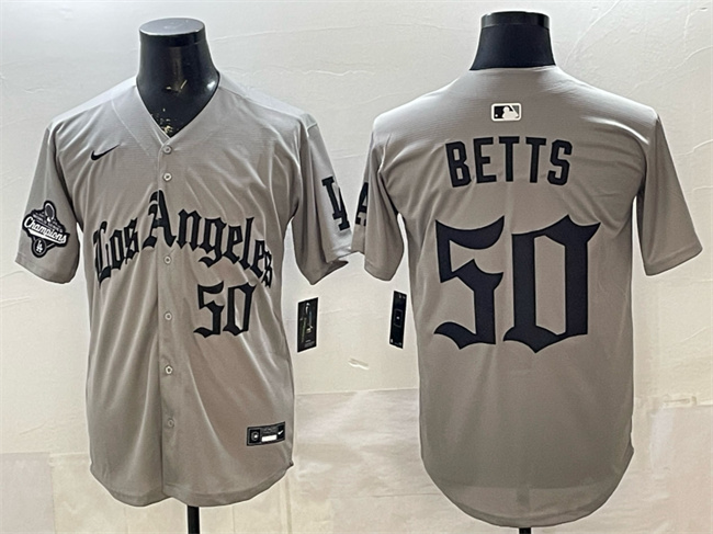 Men's Los Angeles Dodgers #50 Mookie Betts Grey LA Gothic Style With 2025 World Series Champions Patch Limited Stitched Baseball Jersey Men's Los Angeles Dodgers #50 Mookie Betts Grey LA Gothic Style With 2025 World Series Champions Patch Limited Stitched Baseball Jersey
