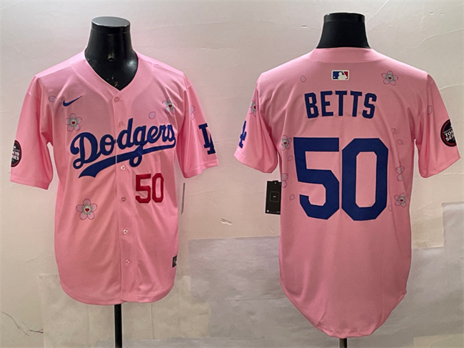 Men's Los Angeles Dodgers #50 Mookie Betts Pink 2025 Tokyo Series Limited Stitched Baseball Jersey