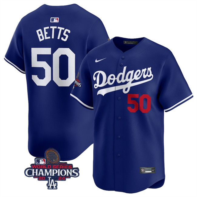 Men's Los Angeles Dodgers #50 Mookie Betts Royal 2024 World Series Champions Alternate Limited Stitched Baseball Jersey Men's Los Angeles Dodgers #50 Mookie Betts Royal 2024 World Series Champions Alternate Limited Stitched Baseball Jersey