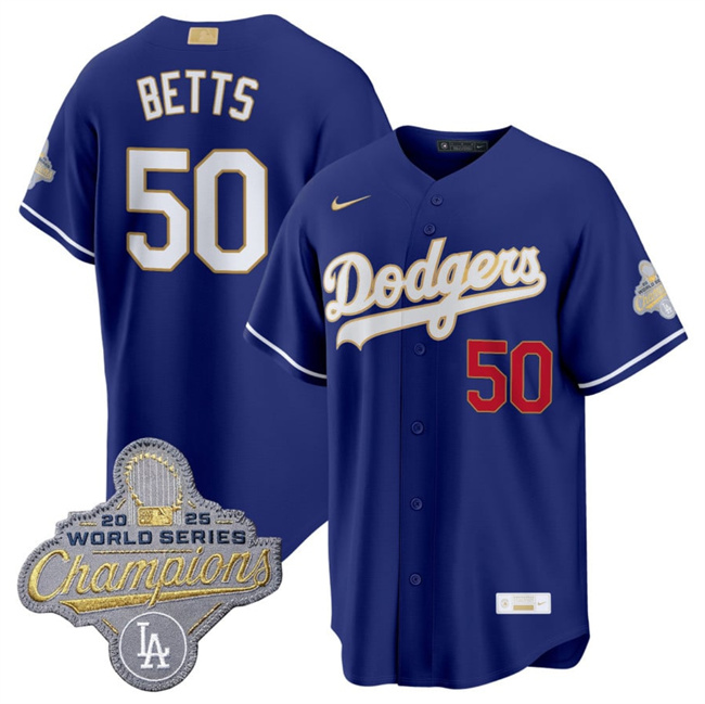 Men's Los Angeles Dodgers #50 Mookie Betts Royal 2026 Alternate Gold Collection Stadium Stitched Baseball Jersey Men's Los Angeles Dodgers #50 Mookie Betts Royal 2026 Alternate Gold Collection Stadium Stitched Baseball Jersey