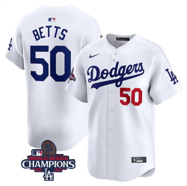 Men's Los Angeles Dodgers #50 Mookie Betts White 2024 World Series Champions Home Limited Stitched Baseball Jersey Men's Los Angeles Dodgers #50 Mookie Betts White 2024 World Series Champions Home Limited Stitched Baseball Jersey