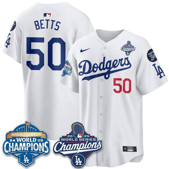 Men's Los Angeles Dodgers #50 Mookie Betts White 2025 World Series Champions & Back to Back Champions With No.34 Patch Limited Stitched Baseball Jersey Men's Los Angeles Dodgers #50 Mookie Betts White 2025 World Series Champions & Back to Back Champions With No.34 Patch Limited Stitched Baseball Jersey