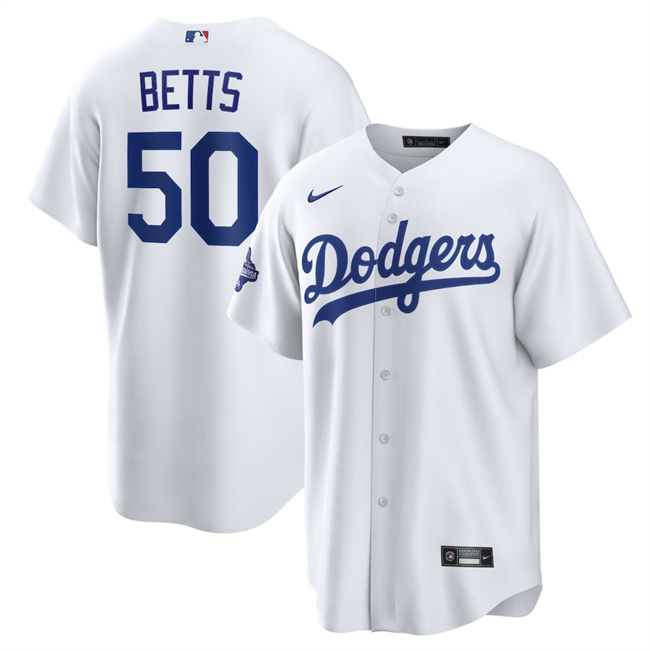 Men's Los Angeles Dodgers #50 Mookie Betts White 2025 World Series Champions Patch Cool Base Stitched Baseball Jersey