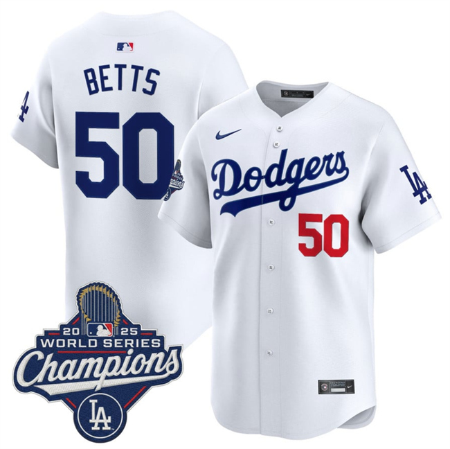 Men's Los Angeles Dodgers #50 Mookie Betts White 2025 World Series Champions Patch Home Limited Stitched Baseball Jersey Men's Los Angeles Dodgers #50 Mookie Betts White 2025 World Series Champions Patch Home Limited Stitched Baseball Jersey