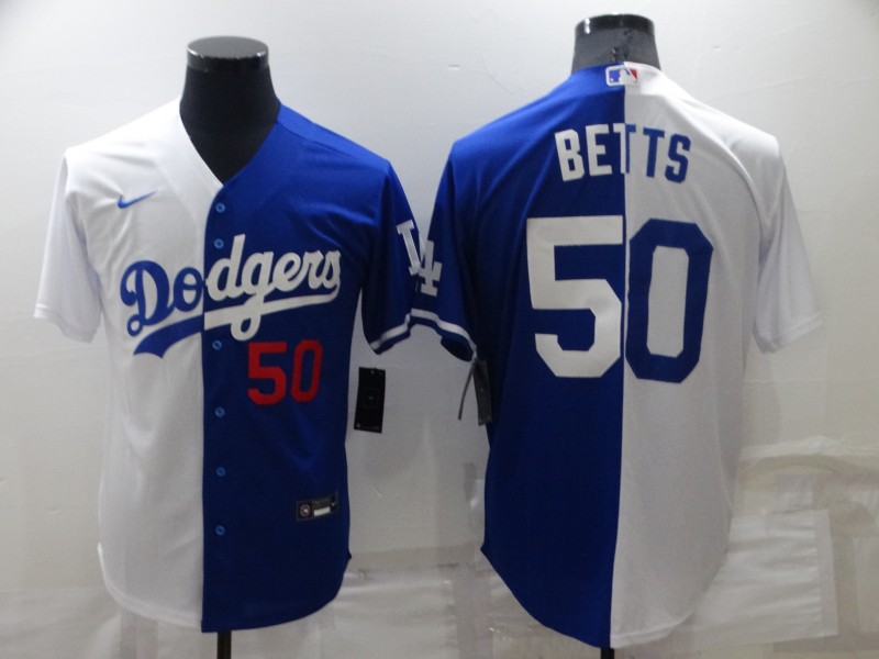 Men's Los Angeles Dodgers #50 Mookie Betts White Blue Split Cool Base Stitched Baseball Jersey