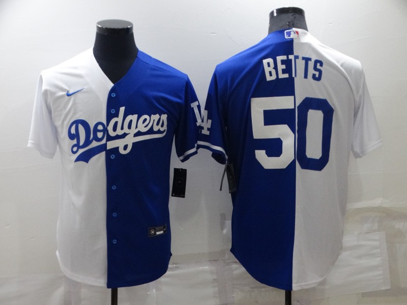 Men's Los Angeles Dodgers #50 Mookie Betts White Blue Split Cool Base Stitched Baseball Jerseys