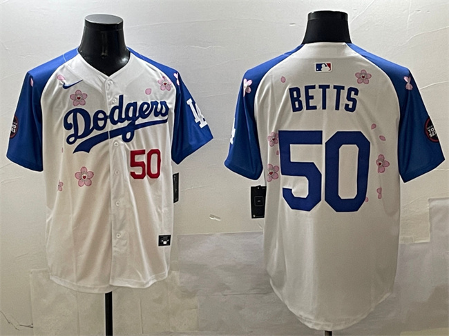 Men's Los Angeles Dodgers #50 Mookie Betts White Royal 2025 Tokyo Series Limited Stitched Baseball Jersey