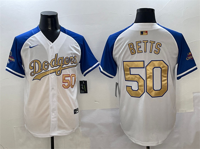 Men's Los Angeles Dodgers #50 Mookie Betts White Royal Gold 2024 World Series Champions Vapor Limited Stitched Baseball Jersey