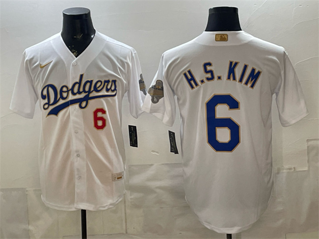 Men's Los Angeles Dodgers #6 H.S.Kim White 2026 Gold Collection Stadium Stitched Baseball Jersey Men's Los Angeles Dodgers #6 H.S.Kim White 2026 Gold Collection Stadium Stitched Baseball Jersey