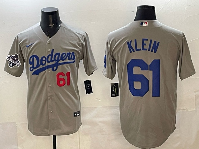 Men's Los Angeles Dodgers #61 Will Klein Grey 2025 World Series Champions Patch Cool Base Stitched Baseball Jersey Men's Los Angeles Dodgers #61 Will Klein Grey 2025 World Series Champions Patch Cool Base Stitched Baseball Jersey