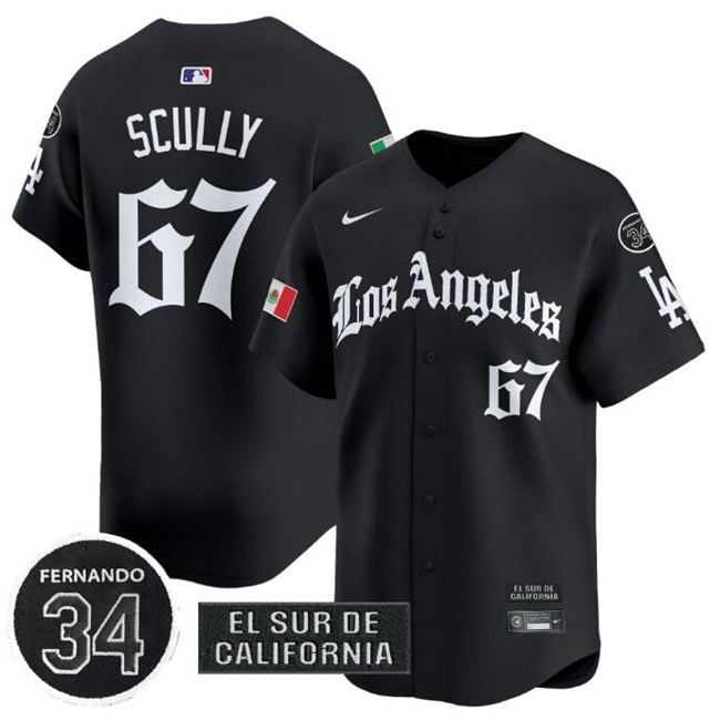 Men's Los Angeles Dodgers #67 Vin Scully Black Mexico 2025 LA Gothic Style With Fernando Patch Vapor Premier Limited Stitched Baseball Jersey