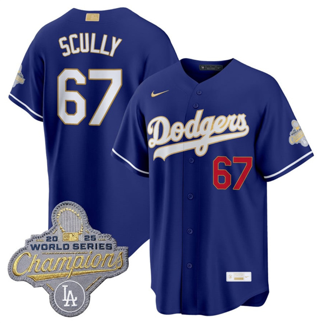 Men's Los Angeles Dodgers #67 Vin Scully Royal 2026 Alternate Gold Collection Stadium Stitched Baseball Jersey Men's Los Angeles Dodgers #67 Vin Scully Royal 2026 Alternate Gold Collection Stadium Stitched Baseball Jersey