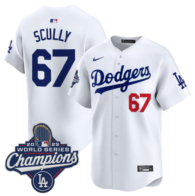 Men's Los Angeles Dodgers #67 Vin Scully White 2025 World Series Champions Patch Home Limited Stitched Baseball Jersey Men's Los Angeles Dodgers #67 Vin Scully White 2025 World Series Champions Patch Home Limited Stitched Baseball Jersey