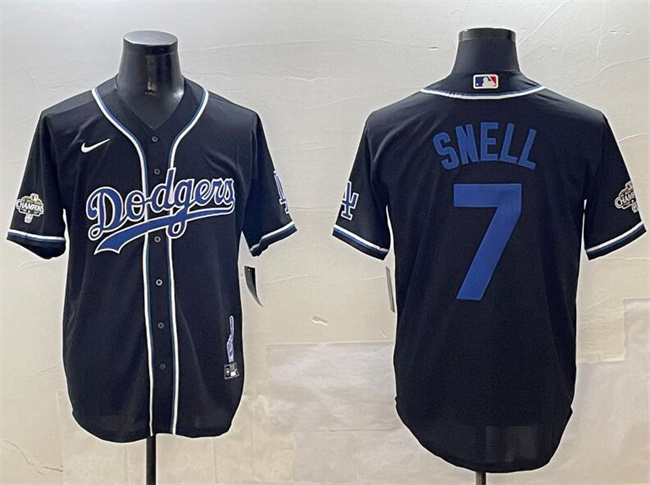 Men's Los Angeles Dodgers #7 Blake Snell Black 2024 World Series Champions Cool Base Stitched Baseball Jersey 1