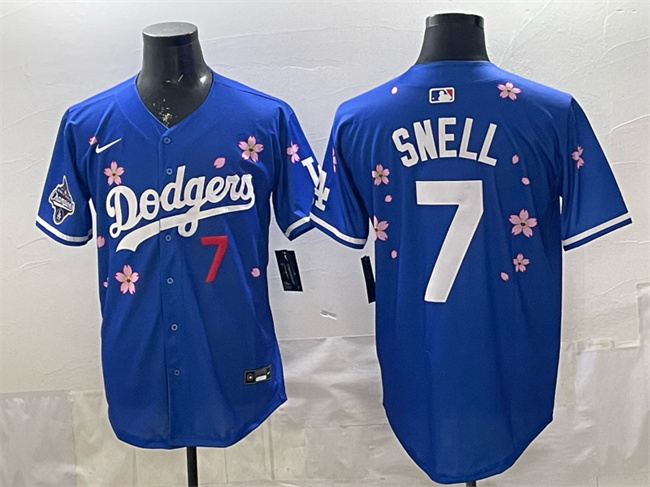 Men's Los Angeles Dodgers #7 Blake Snell Royal 2025 World Series Champions Patch Tokyo Series Limited Stitched Baseball Jersey Men's Los Angeles Dodgers #7 Blake Snell Royal 2025 World Series Champions Patch Tokyo Series Limited Stitched Baseball Jersey