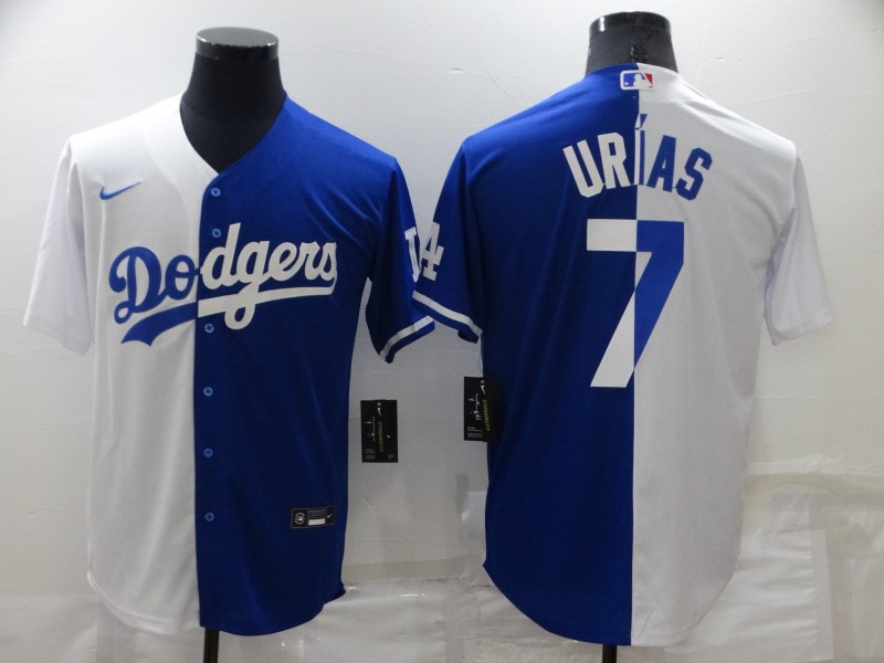 Men's Los Angeles Dodgers #7 Julio Urias White Blue Split Cool Base Stitched Baseball Jersey