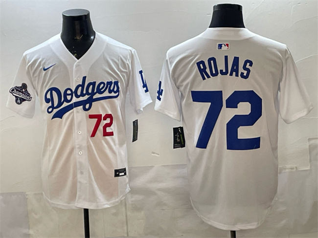 Men's Los Angeles Dodgers #72 Miguel Rojas White 2025 World Series Champions Patch Limited Stitched Baseball Jersey Men's Los Angeles Dodgers #72 Miguel Rojas White 2025 World Series Champions Patch Limited Stitched Baseball Jersey