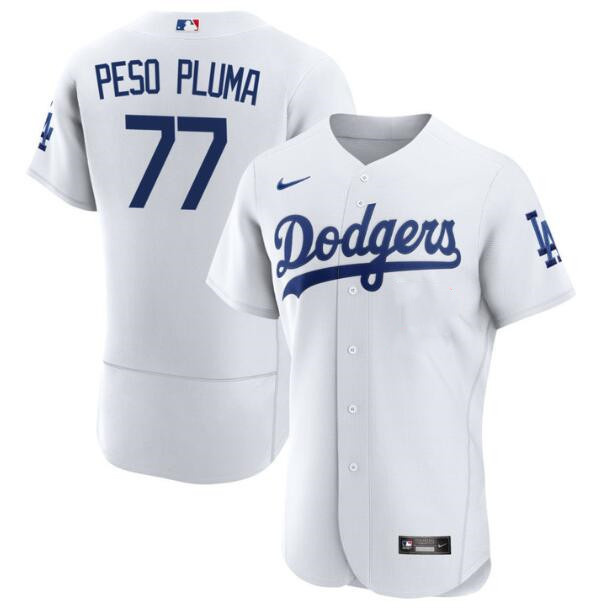 Men's Los Angeles Dodgers #77 Peso Pluma White Flex Base Stitched Baseball JerseyS