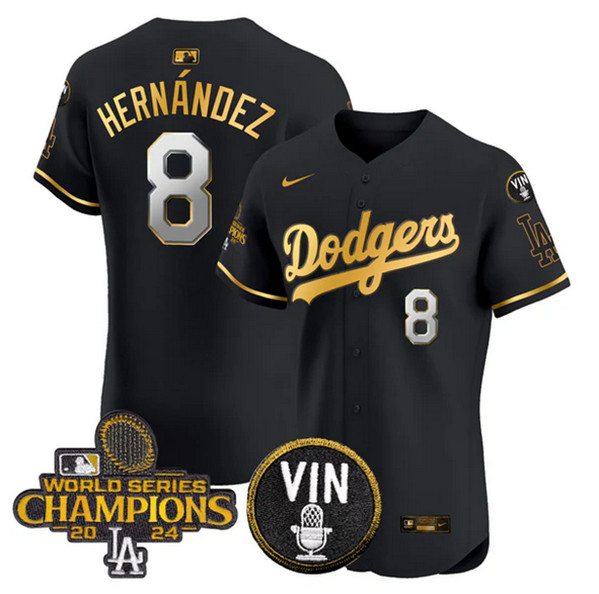 Men's Los Angeles Dodgers #8 Enrique Hernández Black Gold 2024 World Series Champions With Vin Patch Vapor Limited Stitched Baseball Jersey
