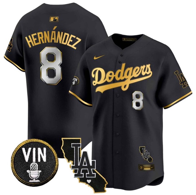 Men's Los Angeles Dodgers #8 Enrique Hernández Black Gold Vin & California Patch Vapor Premier Limited Stitched Baseball Jersey Men's Los Angeles Dodgers #8 Enrique Hernández Black Gold Vin & California Patch Vapor Premier Limited Stitched Baseball Jersey