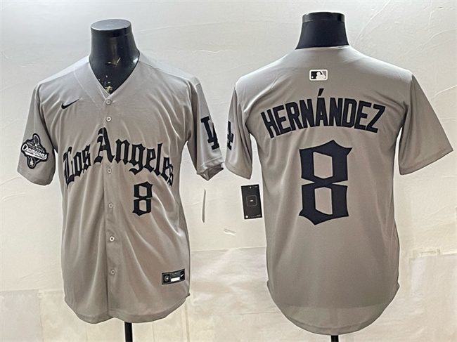 Men's Los Angeles Dodgers #8 Enrique Hernández Grey LA Gothic Style With 2025 World Series Champions Patch Limited Stitched Baseball Jersey Men's Los Angeles Dodgers #8 Enrique Hernández Grey LA Gothic Style With 2025 World Series Champions Patch Limited Stitched Baseball Jersey
