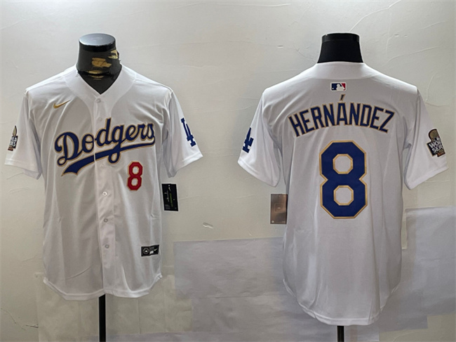 Men's Los Angeles Dodgers #8 Enrique Hernández White Gold 2024 World Series Home Limited Stitched Baseball Jersey Men's Los Angeles Dodgers #8 Enrique Hernández White Gold 2024 World Series Home Limited Stitched Baseball Jersey