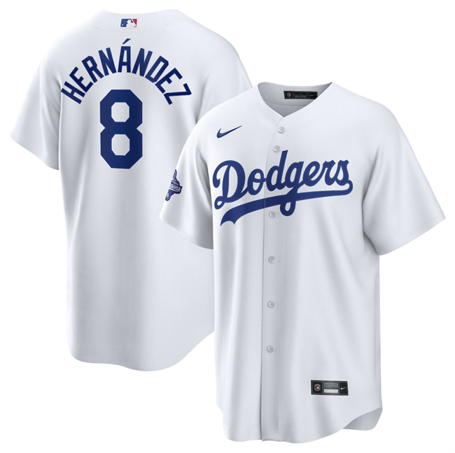 Men's Los Angeles Dodgers #8 Enrique Hernandez White 2025 World Series Champions Patch Cool Base Stitched Baseball Jersey Men's Los Angeles Dodgers #8 Enrique Hernandez White 2025 World Series Champions Patch Cool Base Stitched Baseball Jersey