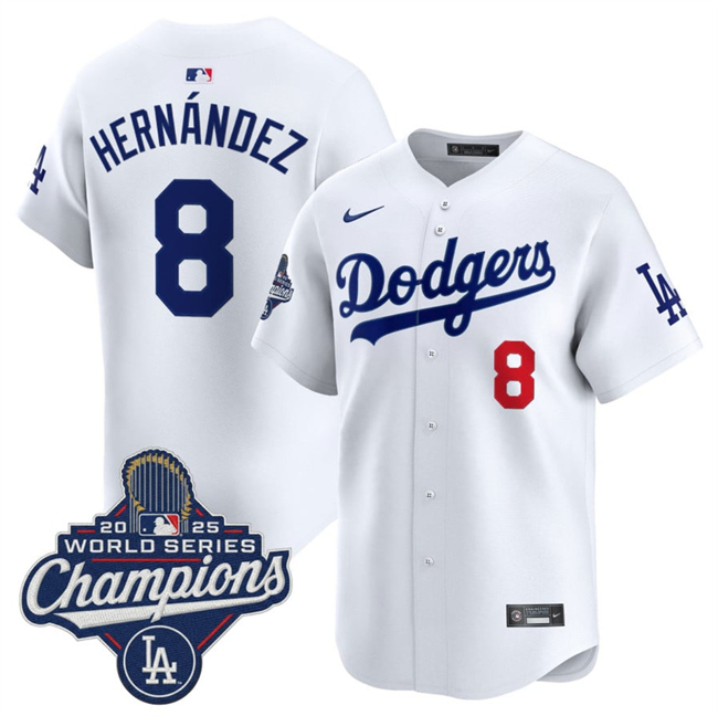 Men's Los Angeles Dodgers #8 Enrique Hernandez White 2025 World Series Champions Patch Home Limited Stitched Baseball Jersey Men's Los Angeles Dodgers #8 Enrique Hernandez White 2025 World Series Champions Patch Home Limited Stitched Baseball Jersey