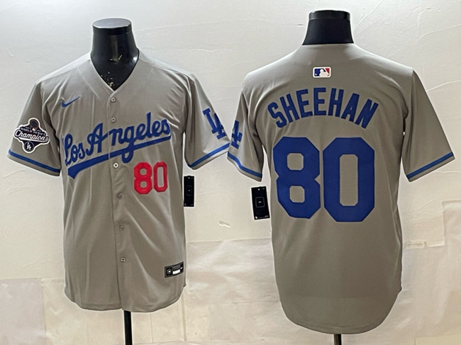 Men's Los Angeles Dodgers #80 Emmet Sheehan Grey 2025 World Series Champions Patch Limited Stitched Baseball Jersey Men's Los Angeles Dodgers #80 Emmet Sheehan Grey 2025 World Series Champions Patch Limited Stitched Baseball Jersey