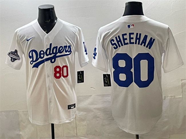 Men's Los Angeles Dodgers #80 Emmet Sheehan White 2025 World Series Champions Patch Limited Stitched Baseball Jersey Men's Los Angeles Dodgers #80 Emmet Sheehan White 2025 World Series Champions Patch Limited Stitched Baseball Jersey