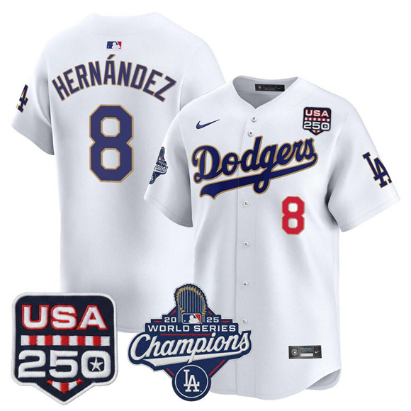 Men's Los Angeles Dodgers 8 Kiké Hernández White 2025 World Series Champions & 250America Patch Stitched Baseball Jersey Men's Los Angeles Dodgers 8 Kiké Hernández White 2025 World Series Champions & 250America Patch Stitched Baseball Jersey