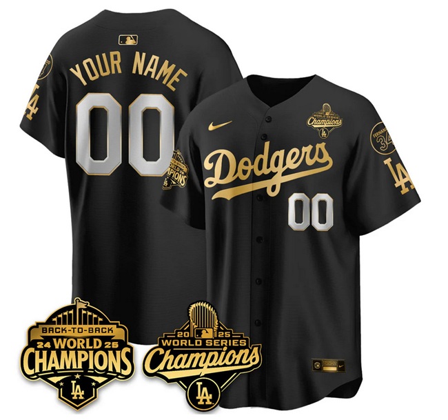 Men's Los Angeles Dodgers Active Player Custom Black Gold 2025 World Series Champions & Back to Back Champions With No.34 Patch Limited Stitched Baseball Jersey Men's Los Angeles Dodgers Active Player Custom Black Gold 2025 World Series Champions & Back to Back Champions With No.34 Patch Limited Stitched Baseball Jersey