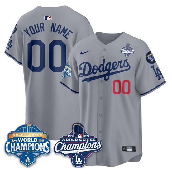Men's Los Angeles Dodgers Active Player Custom Grey 2025 World Series Champions & Back to Back Champions With No.34 Patch Limited Stitched Baseball Jersey Men's Los Angeles Dodgers Active Player Custom Grey 2025 World Series Champions & Back to Back Champions With No.34 Patch Limited Stitched Baseball Jersey