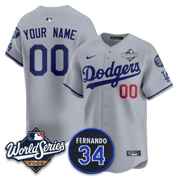 Men's Los Angeles Dodgers Active Player Custom Grey 2025 World Series With No.34 Patch Limited Stitched Baseball Jersey Men's Los Angeles Dodgers Active Player Custom Grey 2025 World Series With No.34 Patch Limited Stitched Baseball Jersey