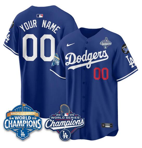 Men's Los Angeles Dodgers Active Player Custom Royal 2025 World Series Champions & Back to Back Champions With No.34 Patch Limited Stitched Baseball Jersey Men's Los Angeles Dodgers Active Player Custom Royal 2025 World Series Champions & Back to Back Champions With No.34 Patch Limited Stitched Baseball Jersey